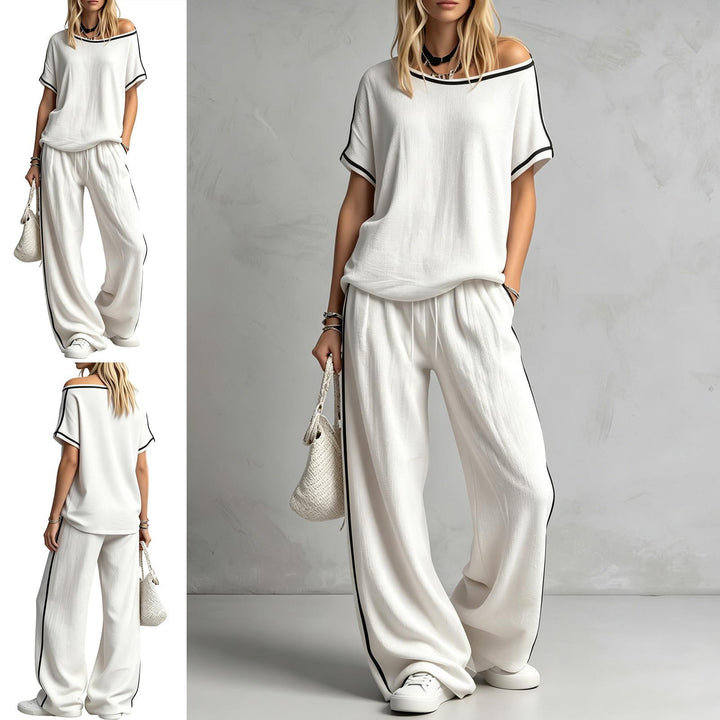 Two Piece Lounge Set for Women Color-Blocked Short Sleeve Top Loose Fit Wide Leg Pants Macthing Set for Daily right