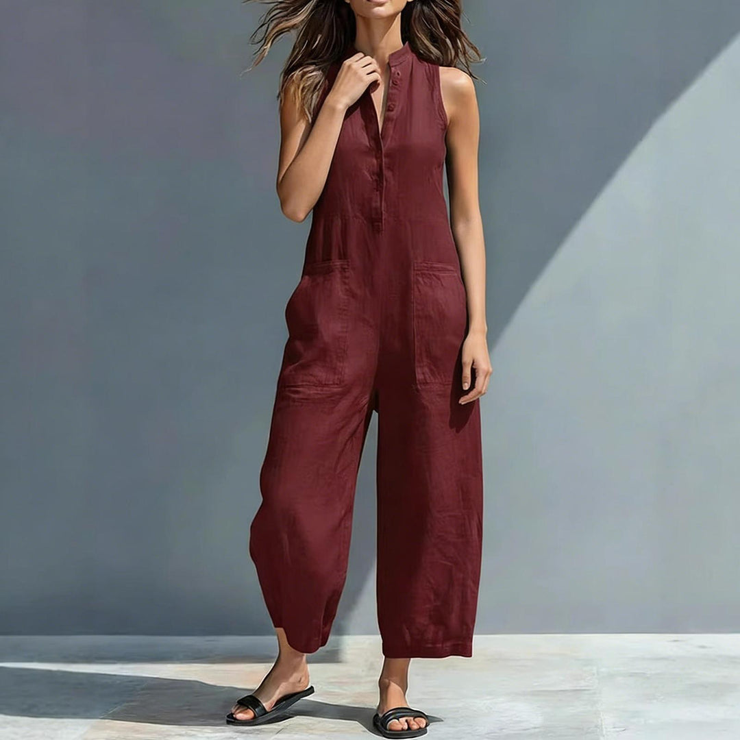 Sleeveless Jumpsuits for Women Button Front Stand Collar Sleeveless Loose Wide Leg Jumpsuit for Vacation classical