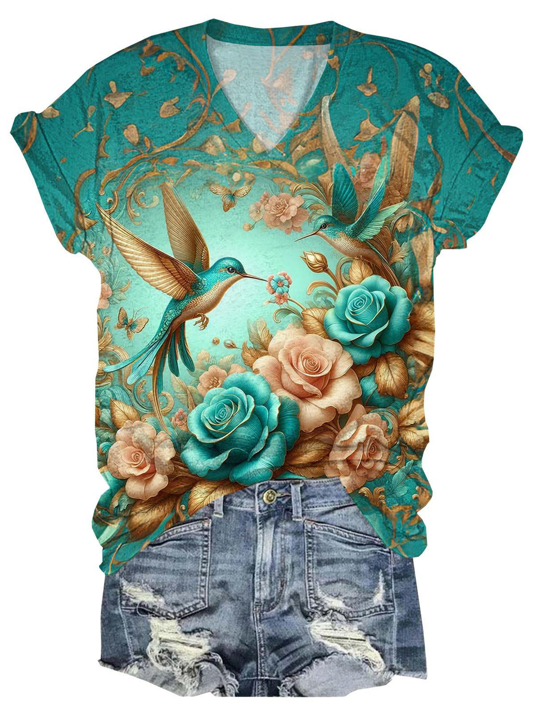 Vintage Hummingbird Flower V-Neck Short Sleeve T-Shirt