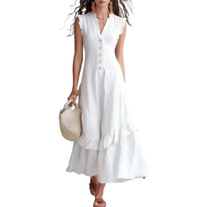 Ruffle Dress Long V Neck Button Flowy Cap Sleeve Summer Maxi Dresses Casual Beach Clothes for Beach Vacation serviceable
