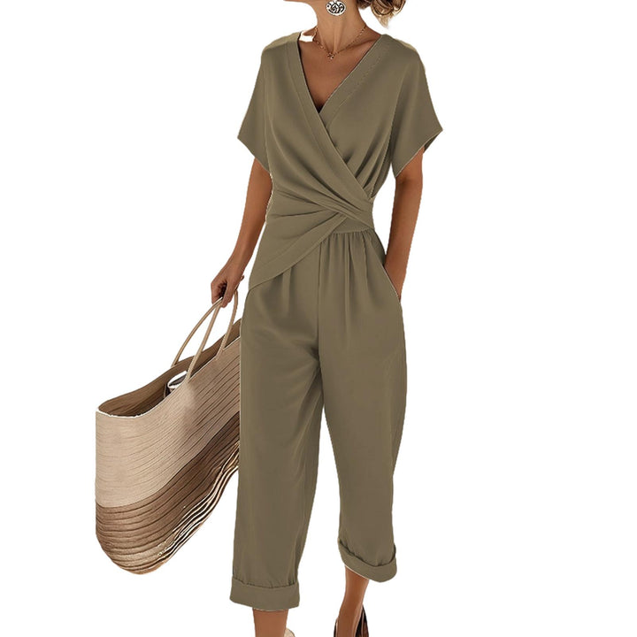 2 Piece Summer Sets for Women Wrap V Neck Side Twist Short Sleeve Solid Top Lounge Pants Outfits for Travel efficient