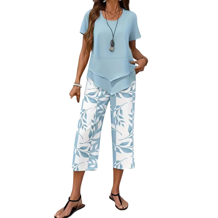 2 Piece Sets for Women Summer Crewneck Short Sleeve Shirts and Wide Leg Capri Pants Lounge Outfit for Travel gently