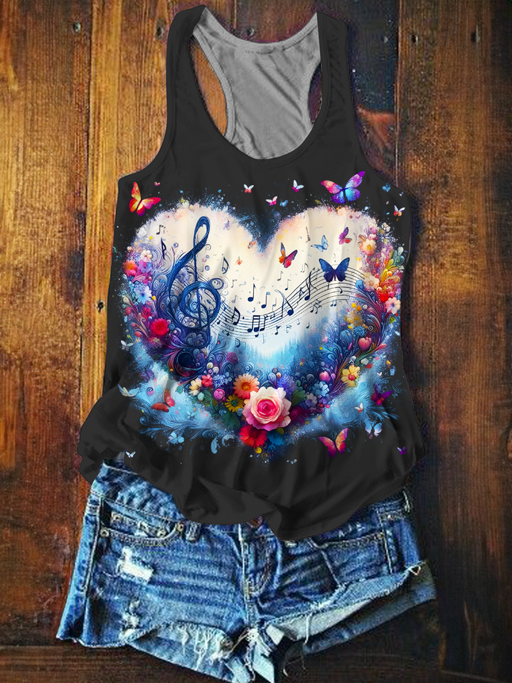 Hippie Floral Sheet Music Love Printed Casual Tank Top