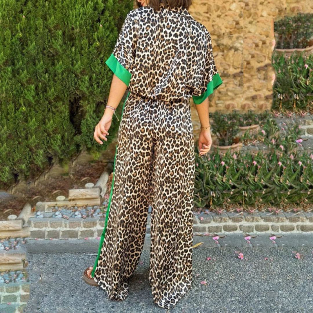 Womens Lounge Set 2 Piece Leopard Print Button Down Shirt with Palazzo Pants Going Out Outfit Streetwear fun