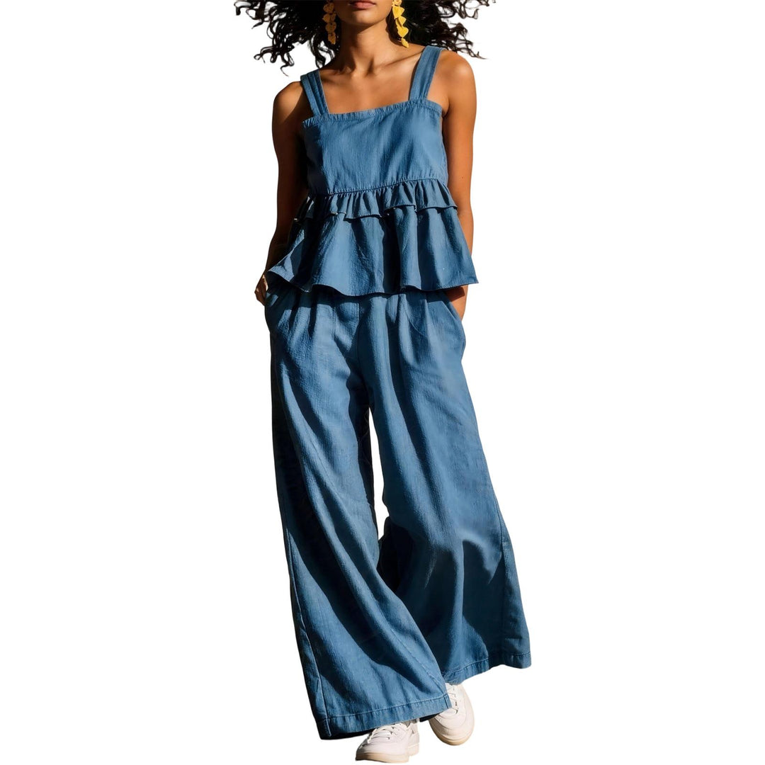 2 Piece Summer Sets for Women Ruffle Casual Summer Sleeveless Peplum Top and Wide Leg Pants Sets for Leisure workable