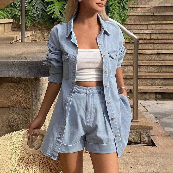 Womens Denim Set 2 Piece Button Up Shirt and Pleated Shorts Summer Jean Matching Set for Beach Streetwear present