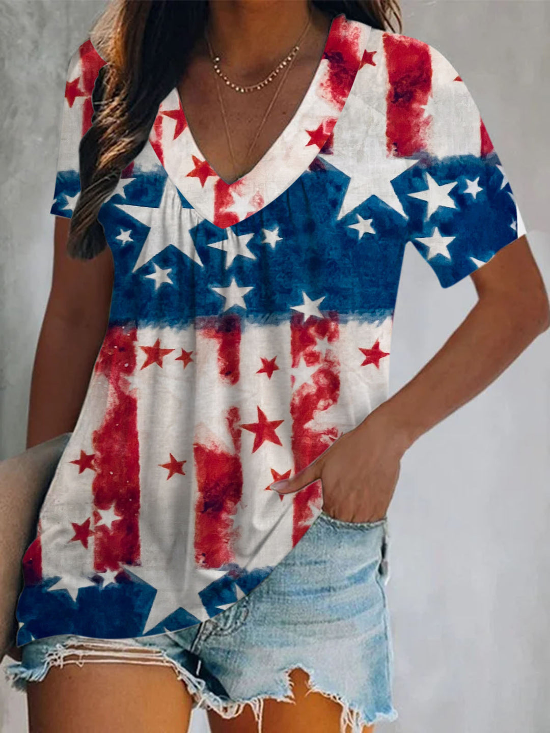 Independence Day Flag With Stripes Stars Short Sleeve V Neck Print Top