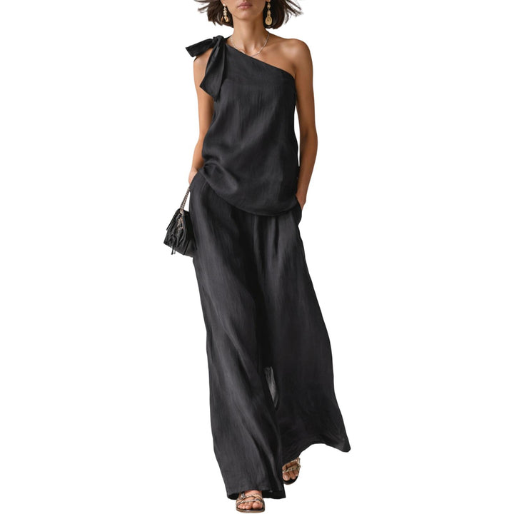 Summer Outfits for Women 2 Piece Set Off Shoulder Asymmetrical Neck Tank Tops Wide Leg Pants Set for Travel refined