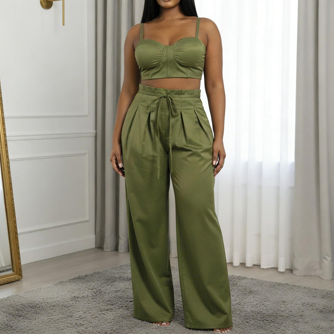 Women's 2 Piece Sets Sleeveless Crop Bustier Tops Wide Leg Casual Trousers with Drawstring for Streetwear premium