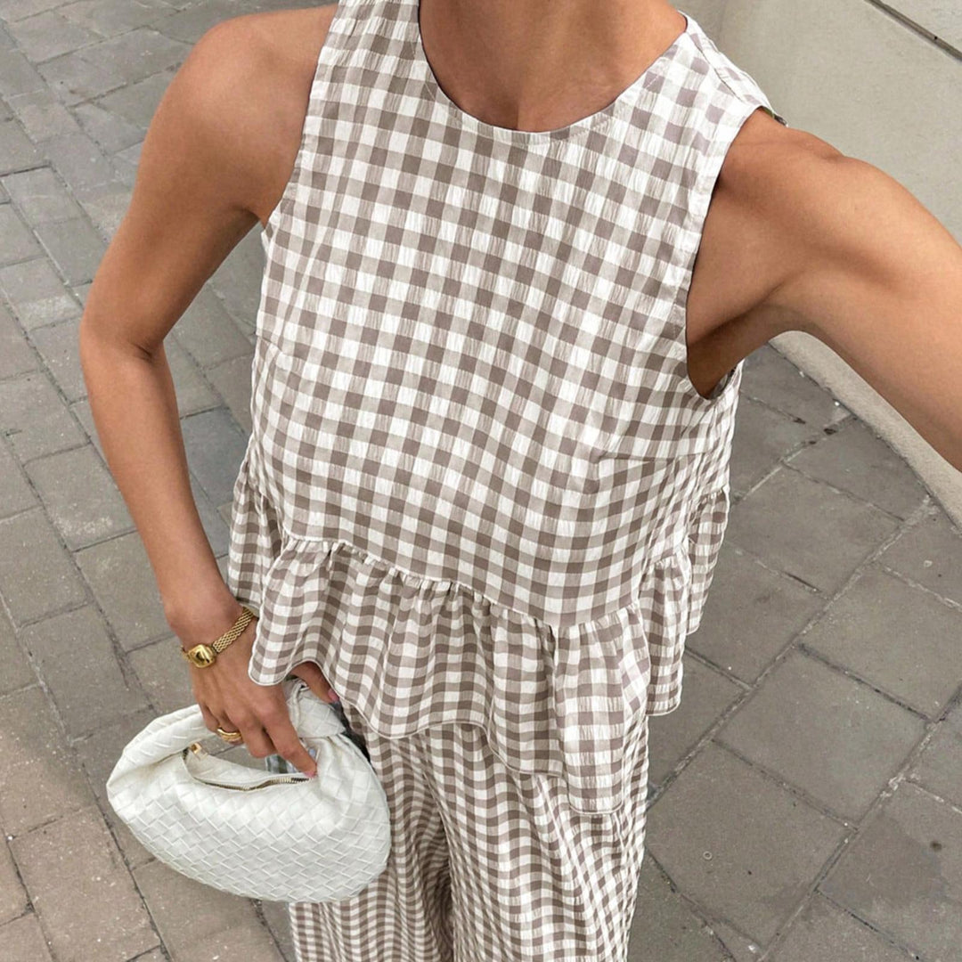 Womens Gingham Set Ruffle Plaid Peplum Tops and Pants Summer Vacation Going Out Sets for Daily Wear Beach admired