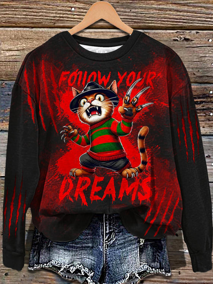 Halloween Horror Movie Kitten Print Long Sleeve Casual Top