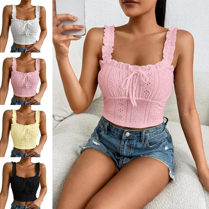 Eyelet Tank Tops for Women Ruffle Ruched Sleeveless Square Neck Tie Front Bust Crop Camisole Tops for Travel excellent