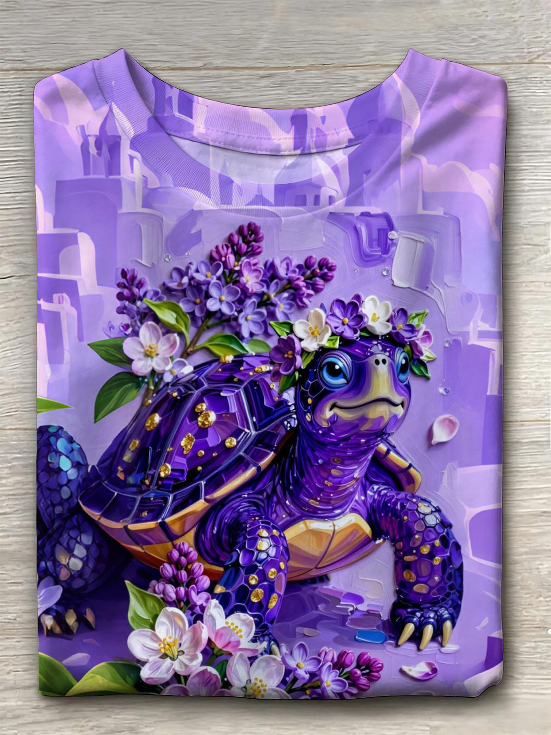 Turtle Flower Print Women's Short Sleeve Crew Neck T-shirt