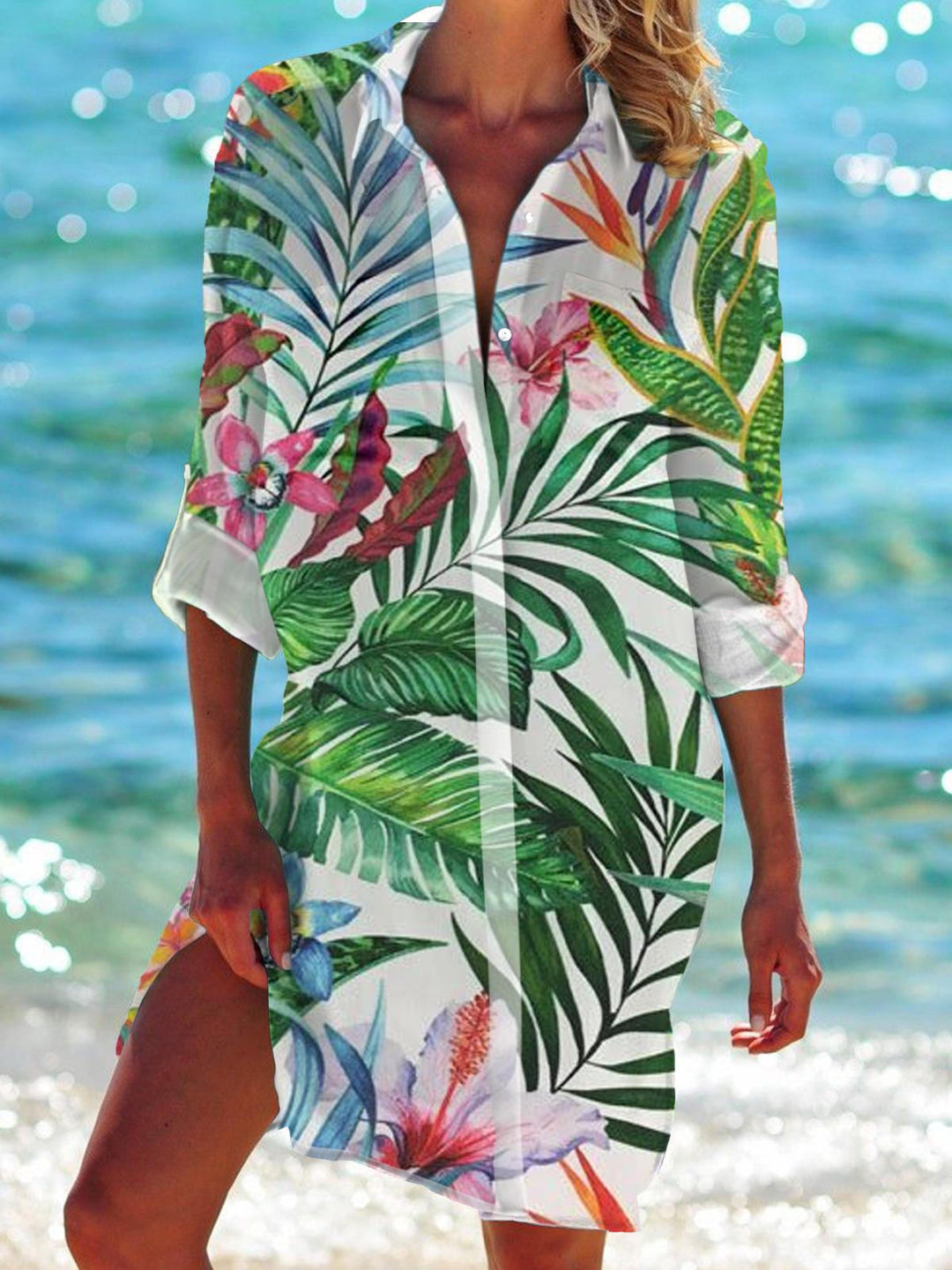 Palm Tree Print Long Sleeve Beach Shirt Dress