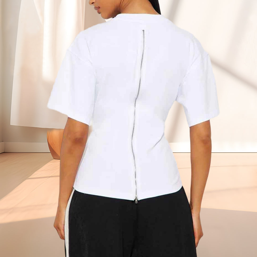Zipper Back Shirt for Women Back Zipper Crewneck Short Sleeve Cinched Waist Top for Daily Wear Vacation method