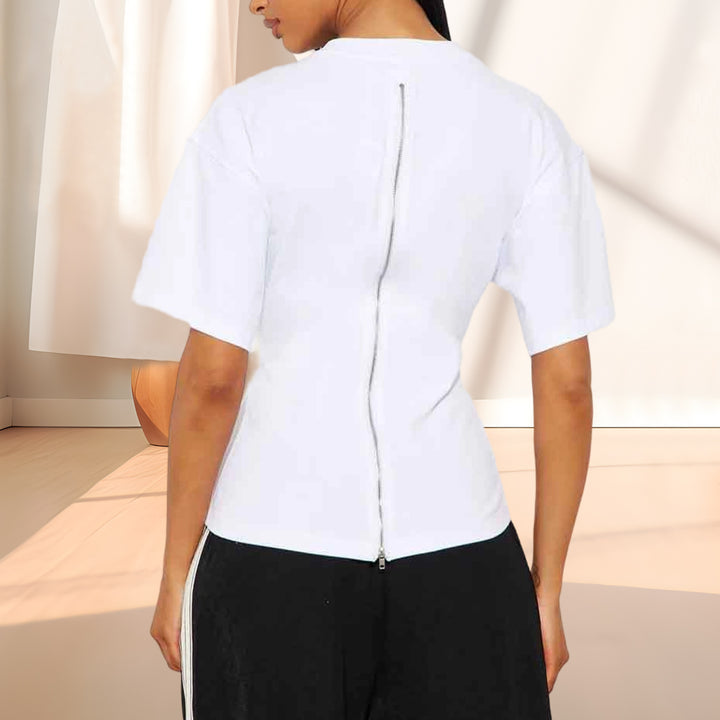 Zipper Back Shirt for Women Back Zipper Crewneck Short Sleeve Cinched Waist Top for Daily Wear Vacation method