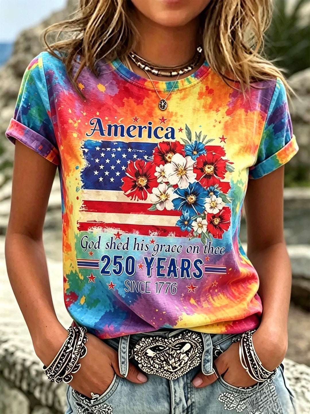 Colorful USA 250Th Anniversary Flag Flower Tie Dye Crew Neck T-shirt