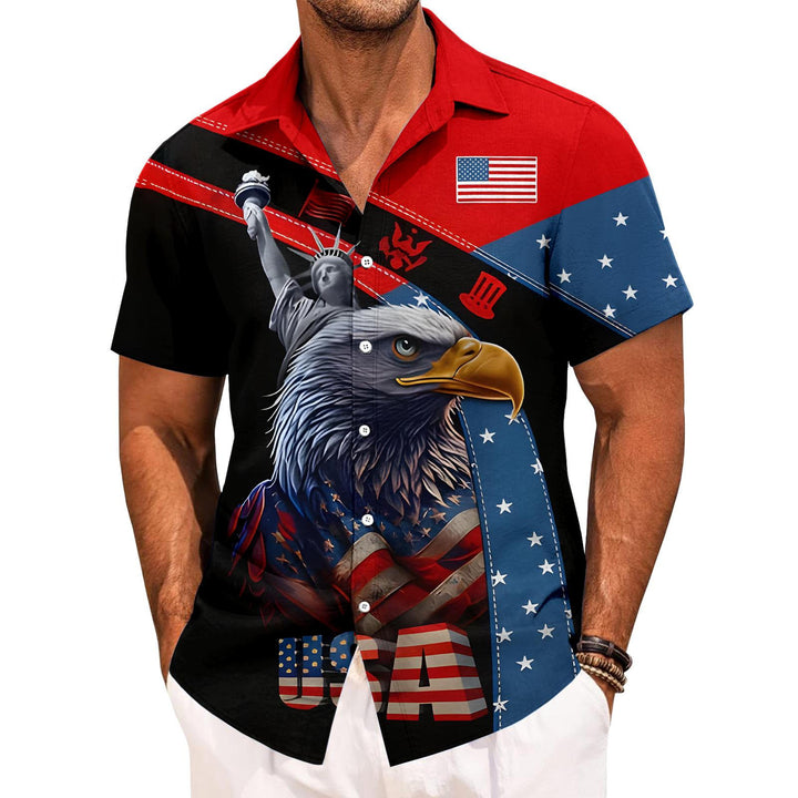 Flag Button Up Shirt Men Eagle Print Short Sleeve Button Down Patriotic Hawaiian Shirts for Parade Party amiable