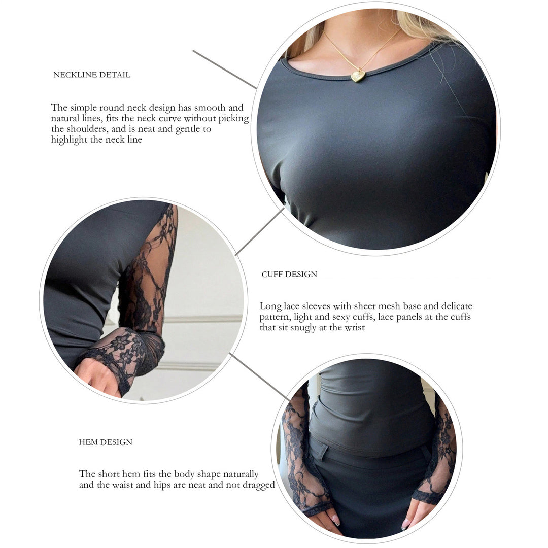 Womens Long Sleeve Lace Tops Crewneck Casual Slim Fit Sheer Sleeve Blouse Cropped Going Out Tops Daily Wear in style