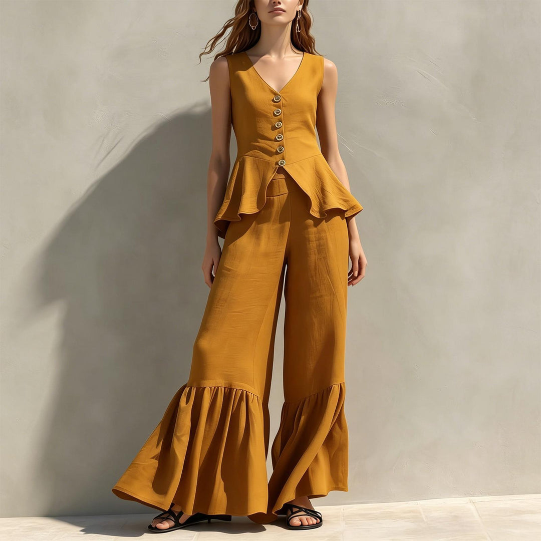 Women Two Piece Outfits Sets V Neck Sleeveless Peplum Top and Ruffle Flare Leg Pants Set for Dating Travel astonishing
