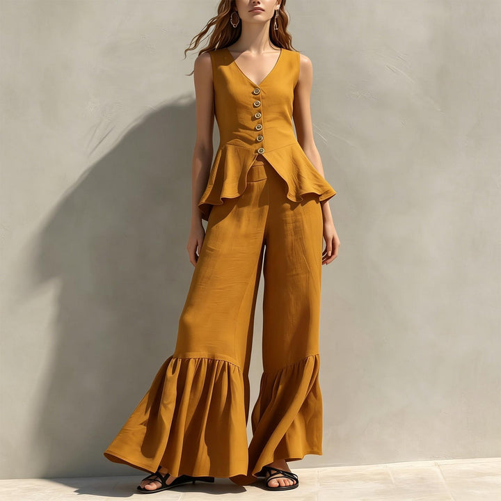 Women Two Piece Outfits Sets V Neck Sleeveless Peplum Top and Ruffle Flare Leg Pants Set for Dating Travel astonishing