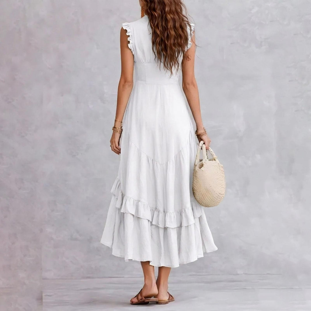 Ruffle Dress Long V Neck Button Flowy Cap Sleeve Summer Maxi Dresses Casual Beach Clothes for Beach Vacation serviceable