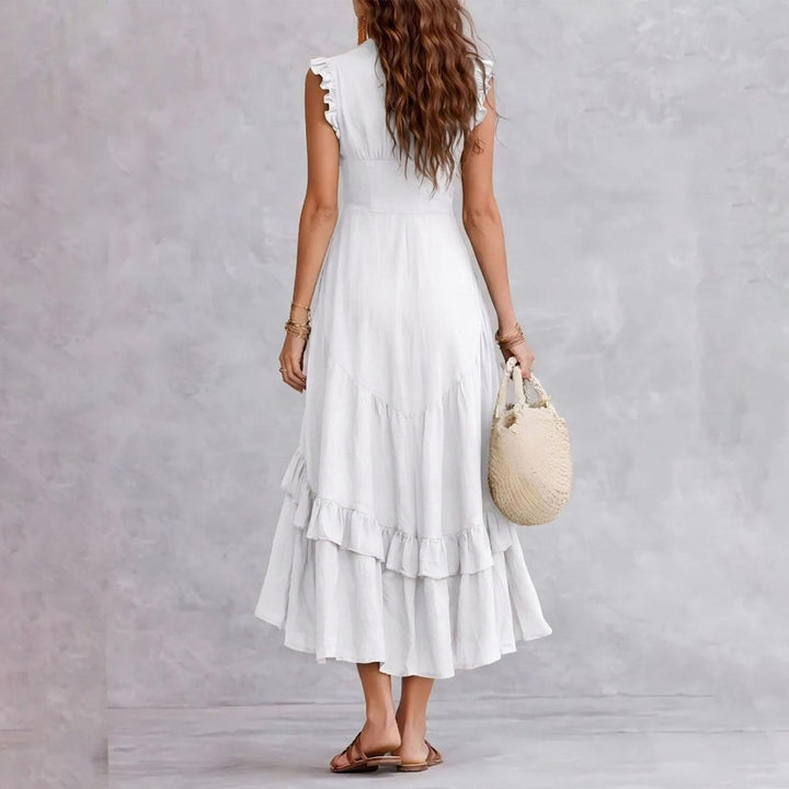 Ruffle Dress Long V Neck Button Flowy Cap Sleeve Summer Maxi Dresses Casual Beach Clothes for Beach Vacation serviceable