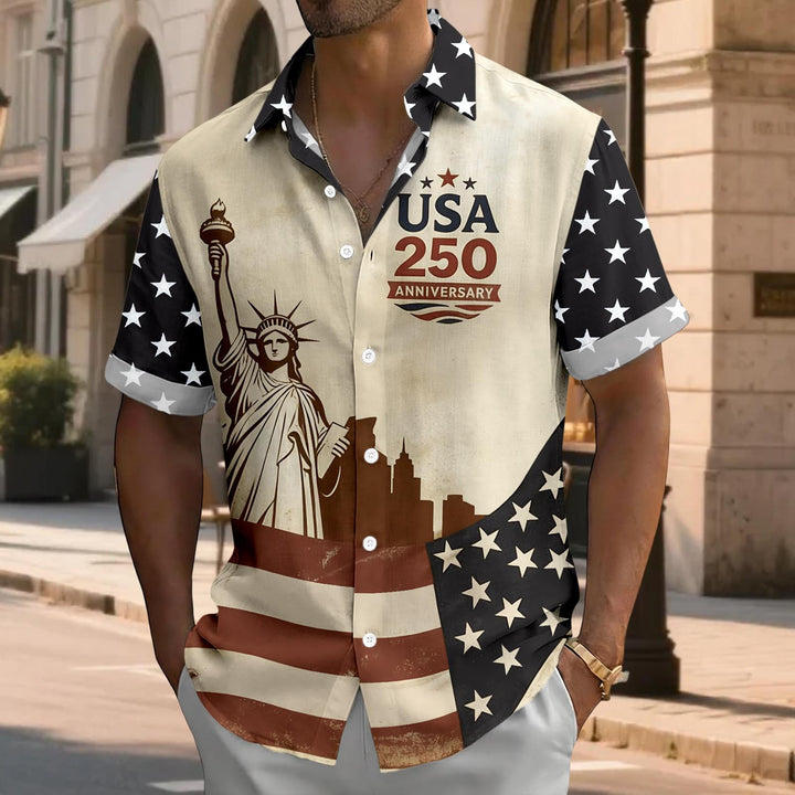 Flag Button Up Shirt Men Eagle Print Short Sleeve Button Down Patriotic Hawaiian Shirts for Parade Party amiable