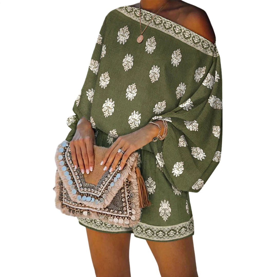 Boho Rompers for Women Off The Shoulder Casual Boho Jumpsuit Loose Lantern Sleeve Rompers for Vacation Beach ingenious