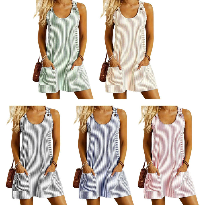 Striped Dress for Women Button Casual Crewneck Striped Printed Short Dress with Pocket for Travel Daily pretty good