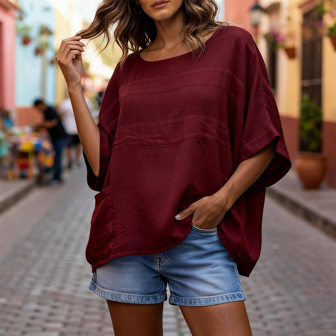 Women's Linen Shirt 3/4 Batwing Sleeve Summer Casual Crewneck Shirts Lightweight Flowy Blouses for Travel reasonable
