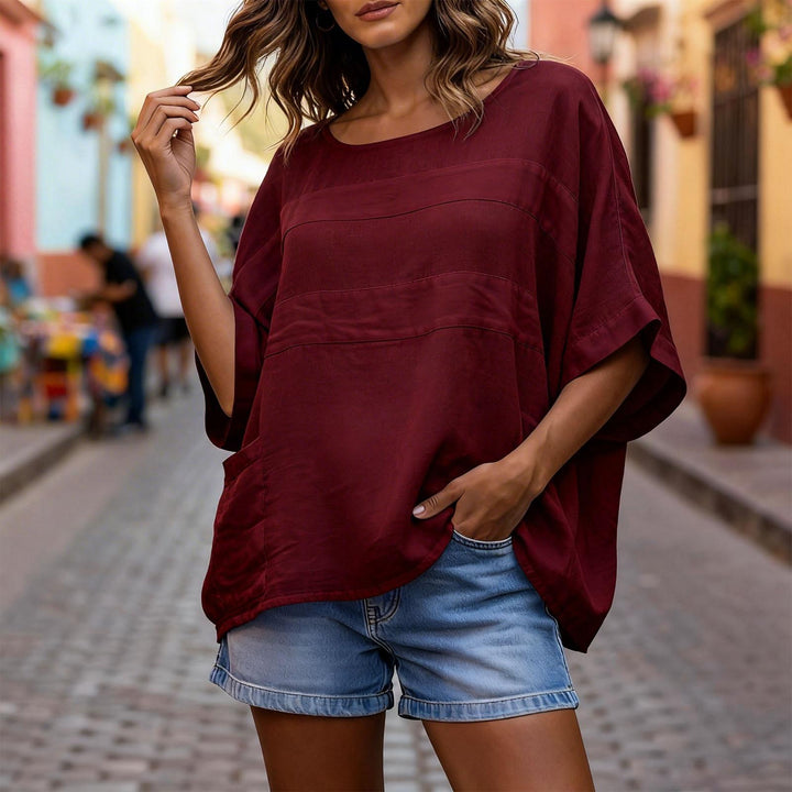 Women's Linen Shirt 3/4 Batwing Sleeve Summer Casual Crewneck Shirts Lightweight Flowy Blouses for Travel reasonable