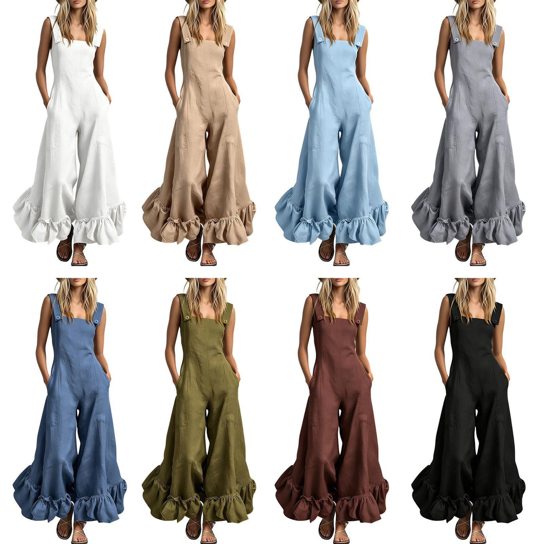 Sleeveless Jumpsuits for Women Ruffle Hems Summer Square Neck Overalls Boho Pant Overalls for Travel Daily chic