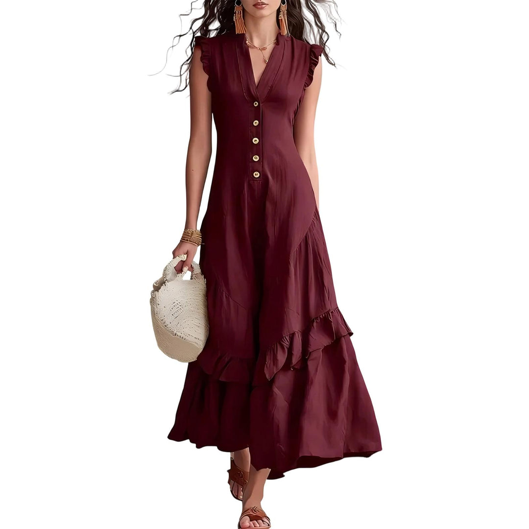 Ruffle Dress Long V Neck Button Flowy Cap Sleeve Summer Maxi Dresses Casual Beach Clothes for Beach Vacation serviceable