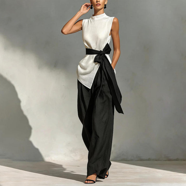 Summer Sets Women 2 Piece Outfits Mock Neck Tie Waist Asymmetrical Tank Top and Wide Leg Pants Set for Dating excitement