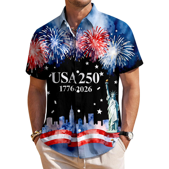 Patriotic Button Up Shirts For Men 250 Years Flag Lapel Short Sleeve Casual Trendy Hawaiian Shirts for Travel respectable