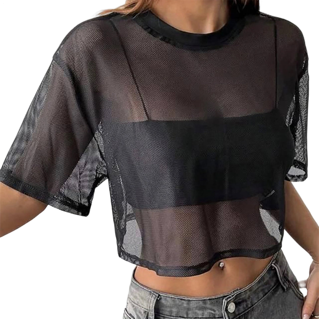 Sheer Mesh Short Sleeve Tops for Women Crewneck Loose Fit See Through Sexy Tee Shirts Crop Tops Daily Wear decent