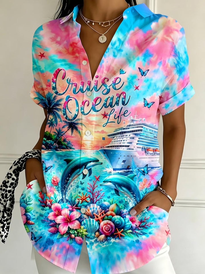 Tie-Dye Ocean Cruise Dolphin Island Vacation Women's Short Sleeve Shirts