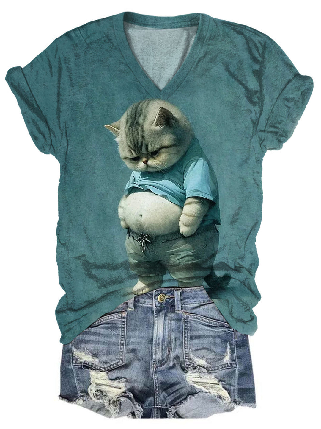 Funny Cat Print V-Neck Short Sleeve T-Shirt