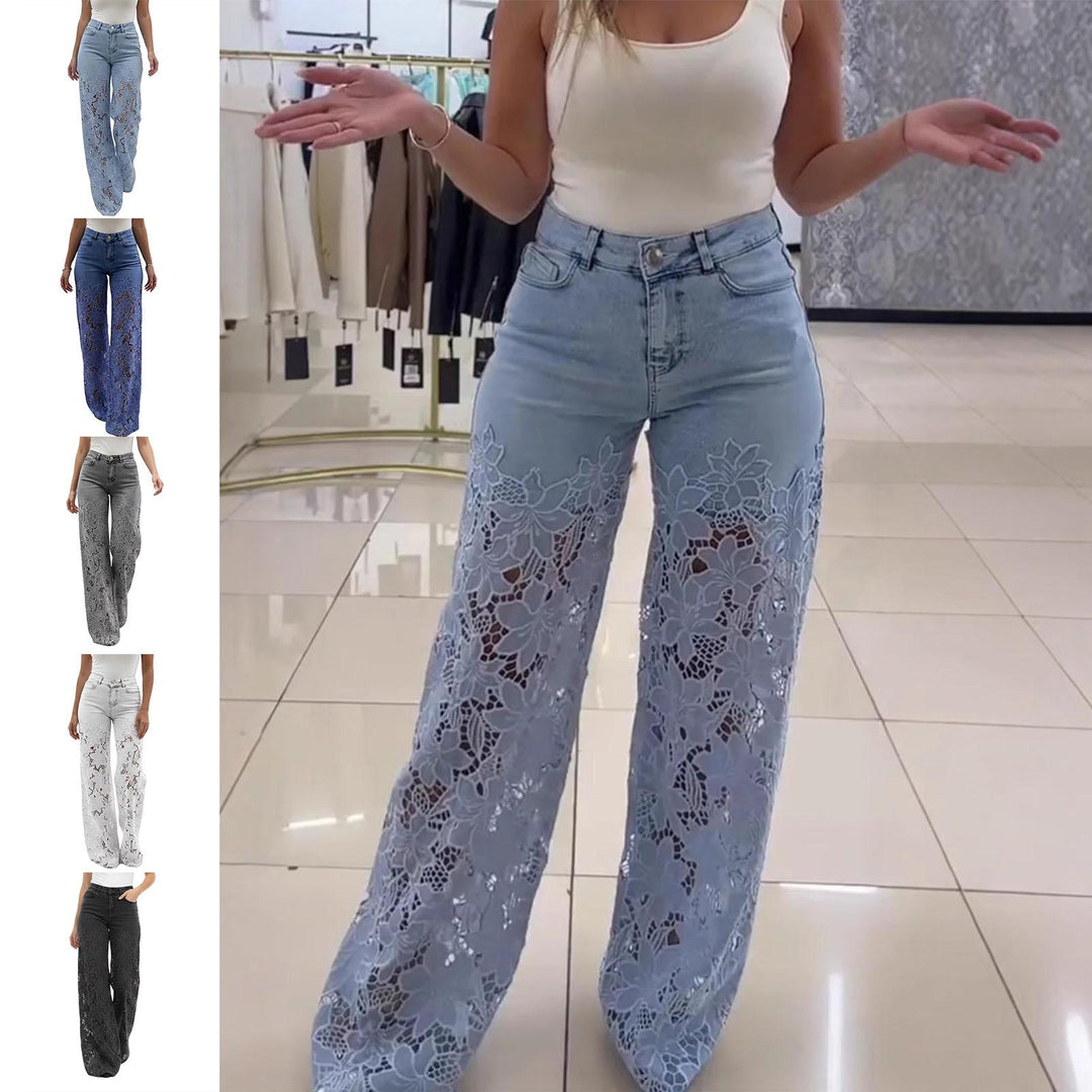 Lace Jeans for Women Hollow Lace Spliced High Waisted Fashion Jeans Loose Fit Denim Pants for Daily Wear exceptional