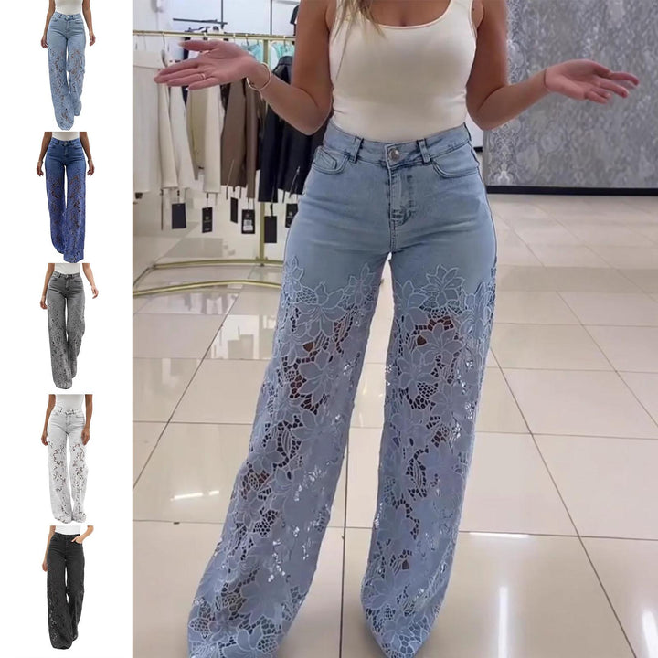 Lace Jeans for Women Hollow Lace Spliced High Waisted Fashion Jeans Loose Fit Denim Pants for Daily Wear exceptional