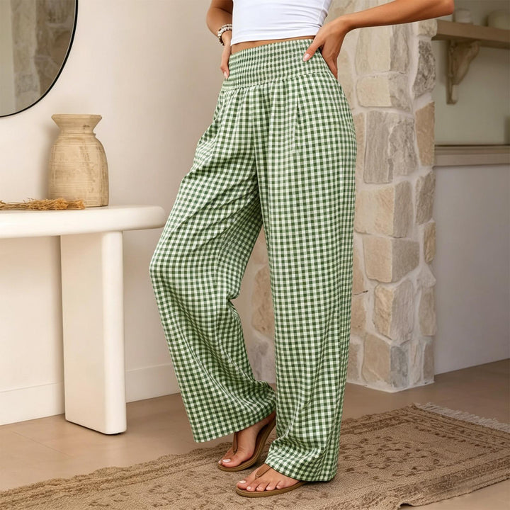 Women Gingham Pants Smocked Waist Plaid Pajama Lounge Pants Wide Leg Trousers with Pocket for Daily Wear gently