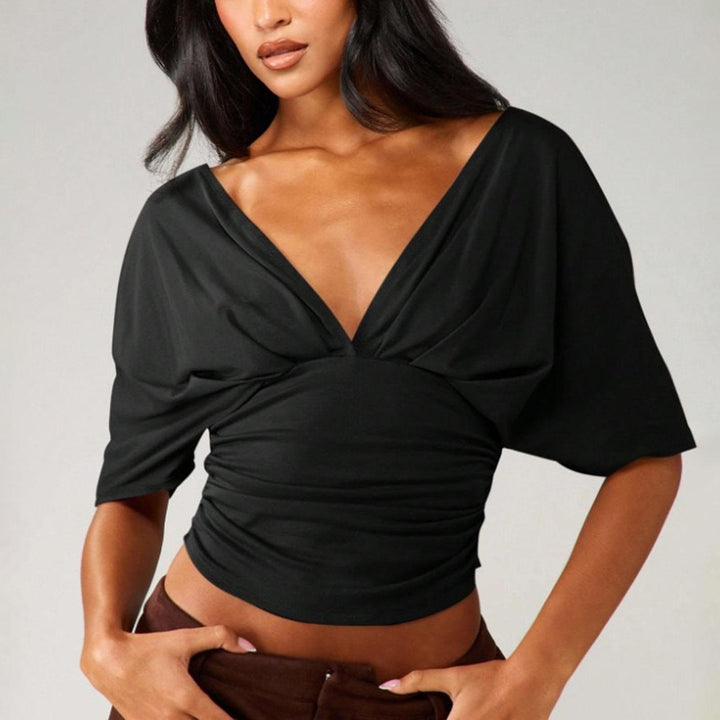 Dolman Sleeve Cinched Waist Top Deep V Neck Side Ruched Sexy Dolman Sleeve Blouses Going Out Tops for Leisure innate