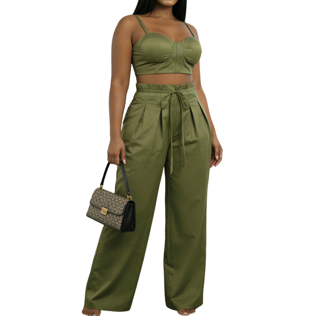 Women's 2 Piece Sets Sleeveless Crop Bustier Tops Wide Leg Casual Trousers with Drawstring for Streetwear premium
