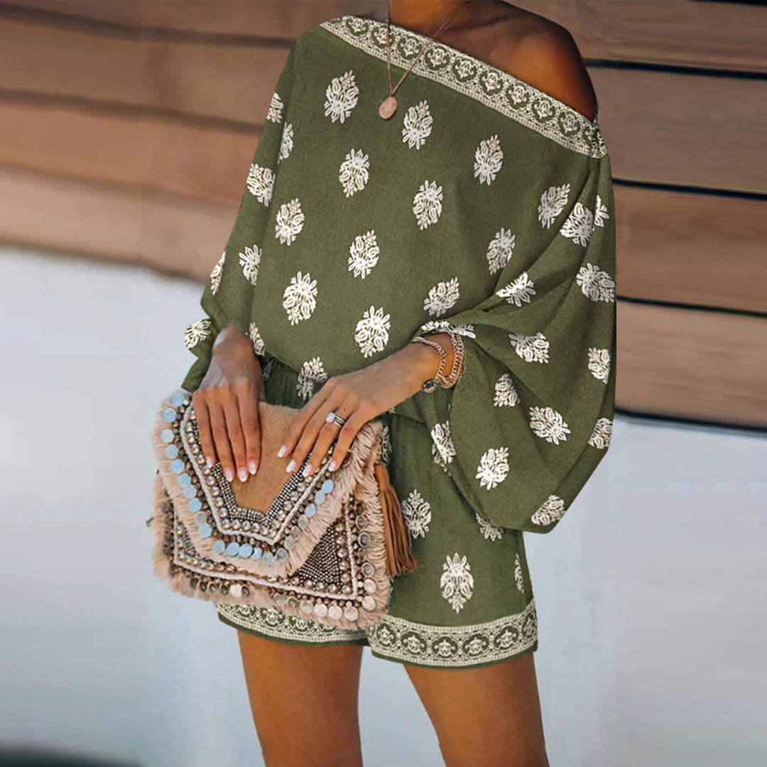 Boho Rompers for Women Off The Shoulder Casual Boho Jumpsuit Loose Lantern Sleeve Rompers for Vacation Beach ingenious