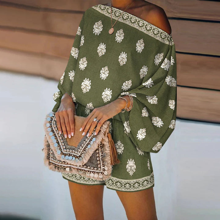 Boho Rompers for Women Off The Shoulder Casual Boho Jumpsuit Loose Lantern Sleeve Rompers for Vacation Beach ingenious