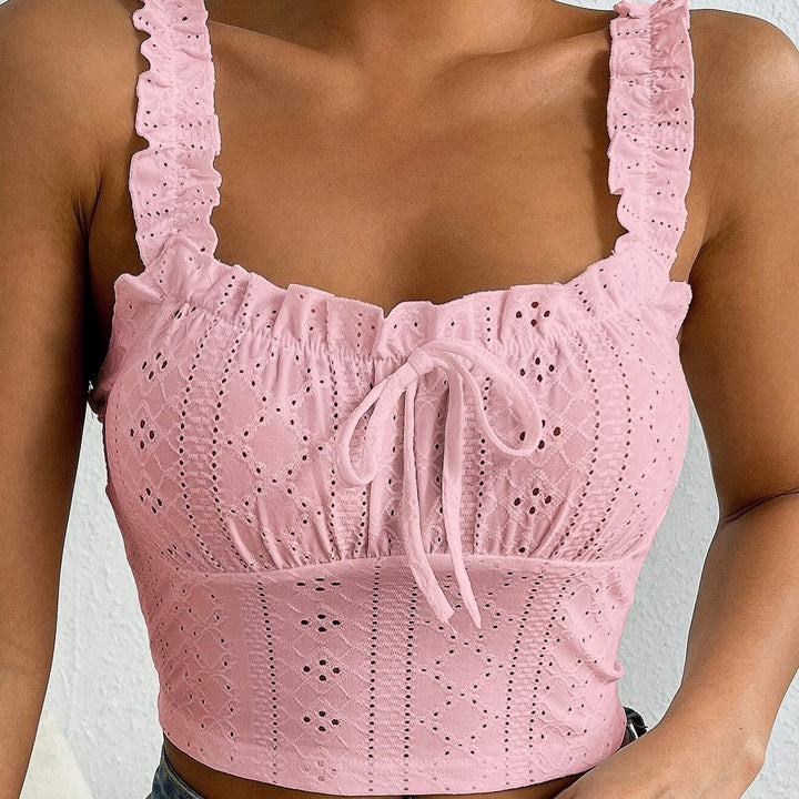 Eyelet Tank Tops for Women Ruffle Ruched Sleeveless Square Neck Tie Front Bust Crop Camisole Tops for Travel excellent