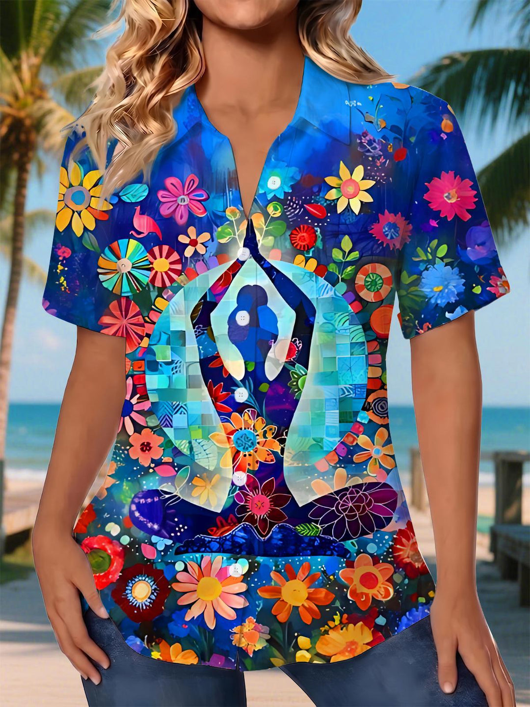 Colorful Floral Meditation Yoga Women's Short Sleeve Shirts