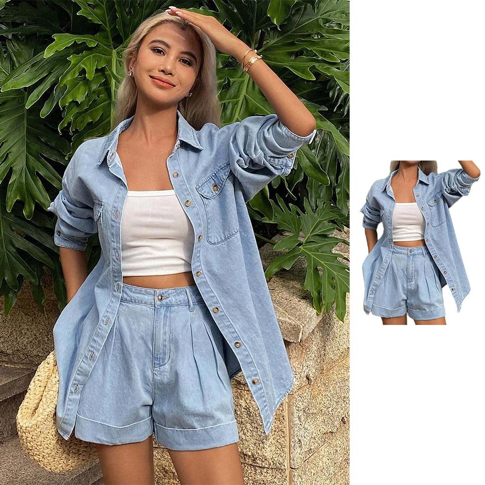 Womens Denim Set 2 Piece Button Up Shirt and Pleated Shorts Summer Jean Matching Set for Beach Streetwear present