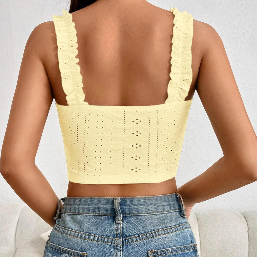 Eyelet Tank Tops for Women Ruffle Ruched Sleeveless Square Neck Tie Front Bust Crop Camisole Tops for Travel excellent
